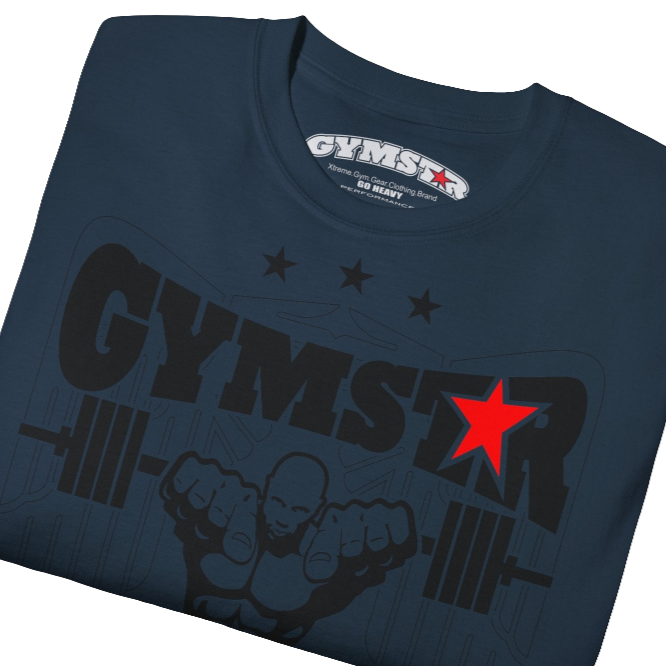 A deep navy Gymstar t-shirt with the text 'I WANT YOU' printed on the front, along with graphics of a weightlifter and dumbbells. Close up front view.