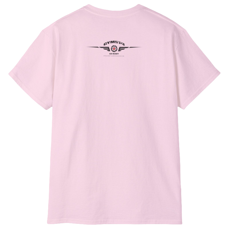 A pink Gymstar t-shirt with the text 'I WANT YOU' printed on the front, along with graphics of a weightlifter and dumbbells. Rear view.