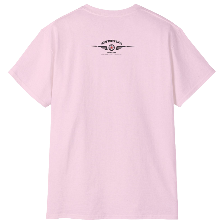 A pink Gymstar t-shirt with the text 'I WANT YOU' printed on the front, along with graphics of a weightlifter and dumbbells. Rear view.