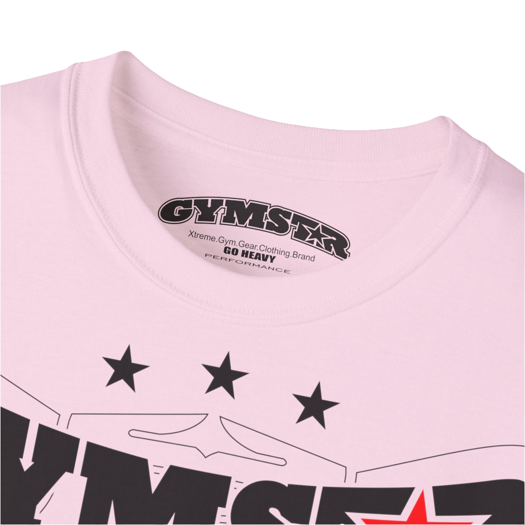 A pink Gymstar t-shirt with the text 'I WANT YOU' printed on the front, along with graphics of a weightlifter and dumbbells. Close up view.