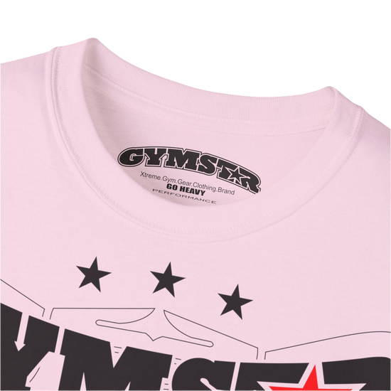 A pink Gymstar t-shirt with the text 'I WANT YOU' printed on the front, along with graphics of a weightlifter and dumbbells. Close up view.