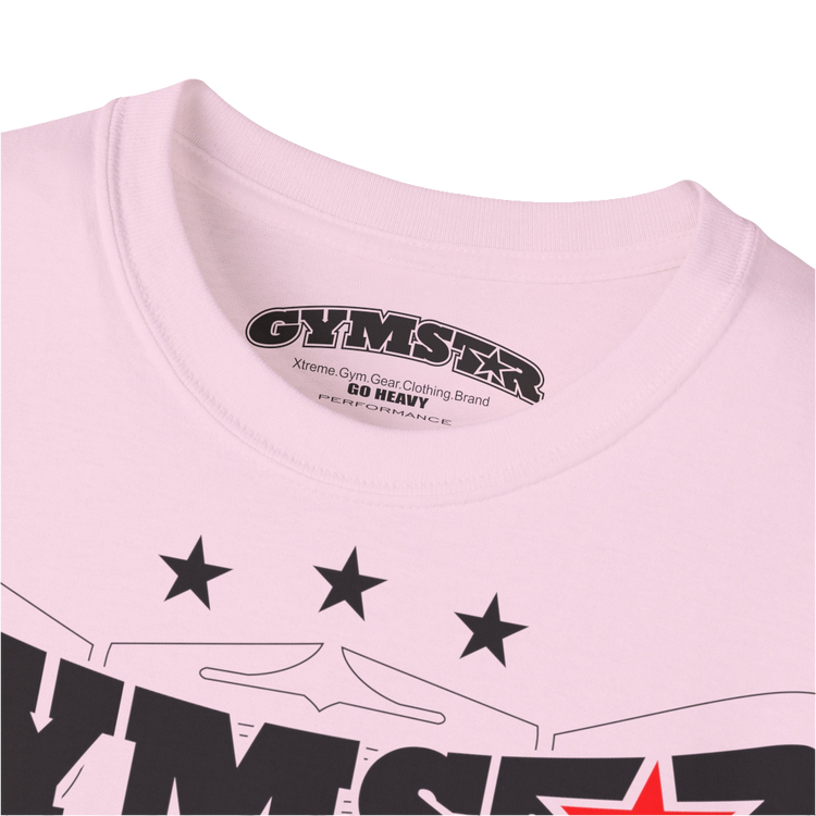 A pink Gymstar t-shirt with the text 'I WANT YOU' printed on the front, along with graphics of a weightlifter and dumbbells. Close up view.