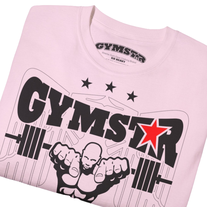 A pink Gymstar t-shirt with the text 'I WANT YOU' printed on the front, along with graphics of a weightlifter and dumbbells. Front close up view.