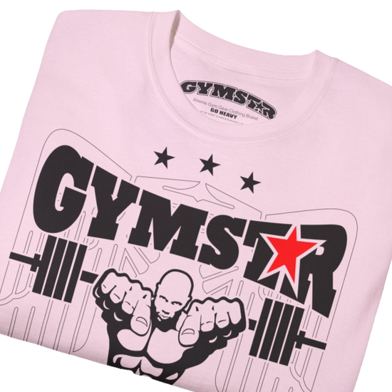A pink Gymstar t-shirt with the text 'I WANT YOU' printed on the front, along with graphics of a weightlifter and dumbbells. Front close up view.