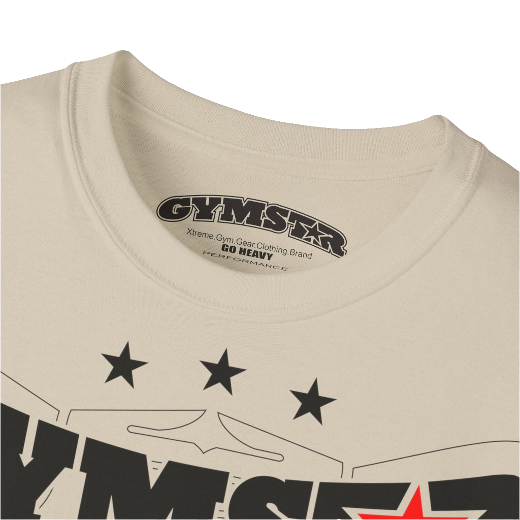A beige Gymstar t-shirt with the text 'I WANT YOU' printed on the front, along with graphics of a weightlifter and dumbbells. Close up view.