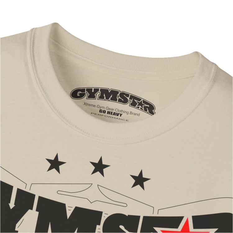 A beige Gymstar t-shirt with the text 'I WANT YOU' printed on the front, along with graphics of a weightlifter and dumbbells. Close up view.