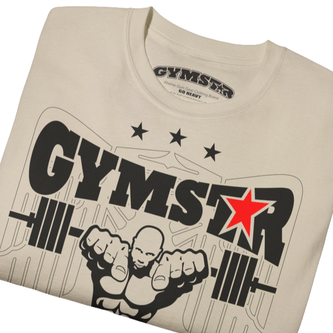 A beige Gymstar t-shirt with the text 'I WANT YOU' printed on the front, along with graphics of a weightlifter and dumbbells. Close up front view.