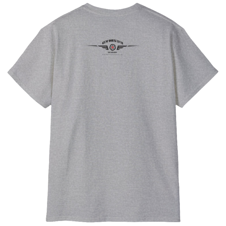 A silver grey Gymstar t-shirt with the text 'I WANT YOU' printed on the front, along with graphics of a weightlifter and dumbbells. Rear view.