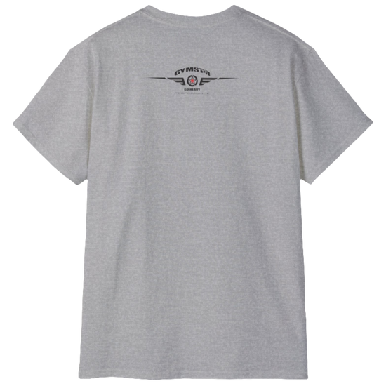 A silver grey Gymstar t-shirt with the text 'I WANT YOU' printed on the front, along with graphics of a weightlifter and dumbbells. Rear view.