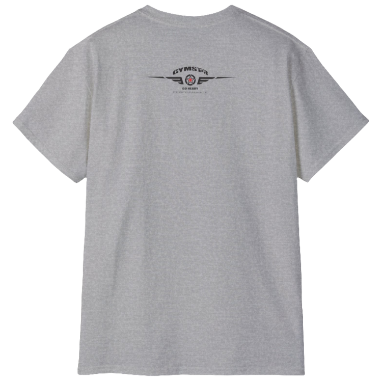 A silver grey Gymstar t-shirt with the text 'I WANT YOU' printed on the front, along with graphics of a weightlifter and dumbbells. Rear view.