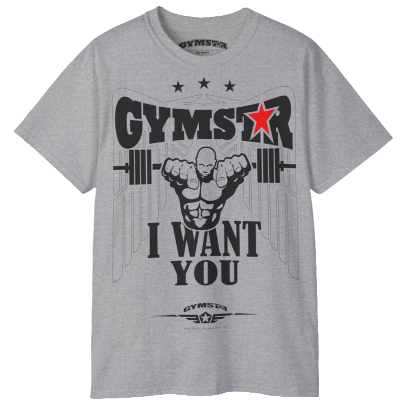 A grey Gymstar t-shirt with the text 'I WANT YOU' printed on the front, along with graphics of a weightlifter and dumbbells. Front view.