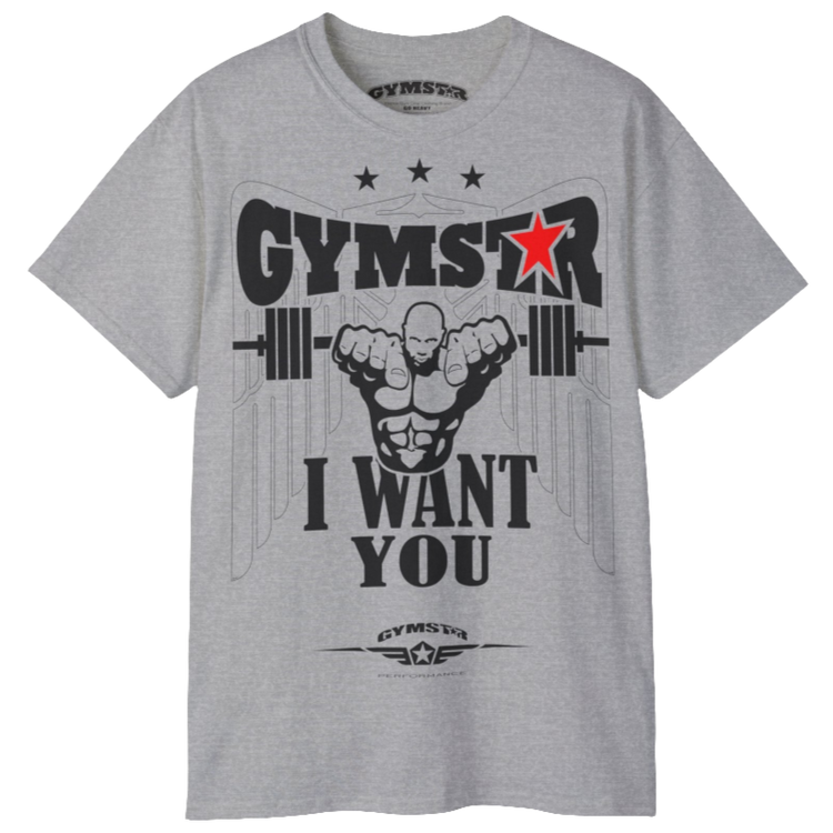 A grey Gymstar t-shirt with the text 'I WANT YOU' printed on the front, along with graphics of a weightlifter and dumbbells. Front view.