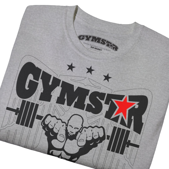 A silver grey Gymstar t-shirt with the text 'I WANT YOU' printed on the front, along with graphics of a weightlifter and dumbbells. Close up front view.