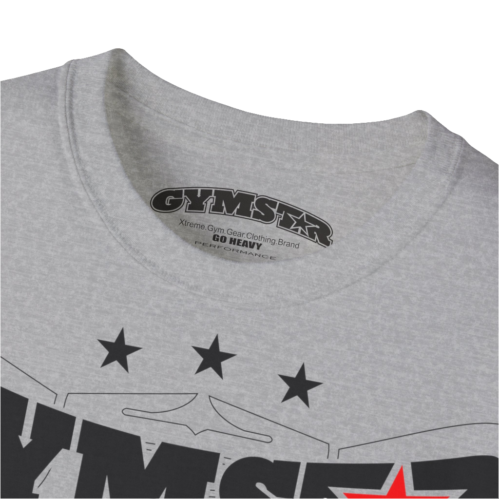 A silver grey Gymstar t-shirt with the text 'I WANT YOU' printed on the front, along with graphics of a weightlifter and dumbbells. Close up view.