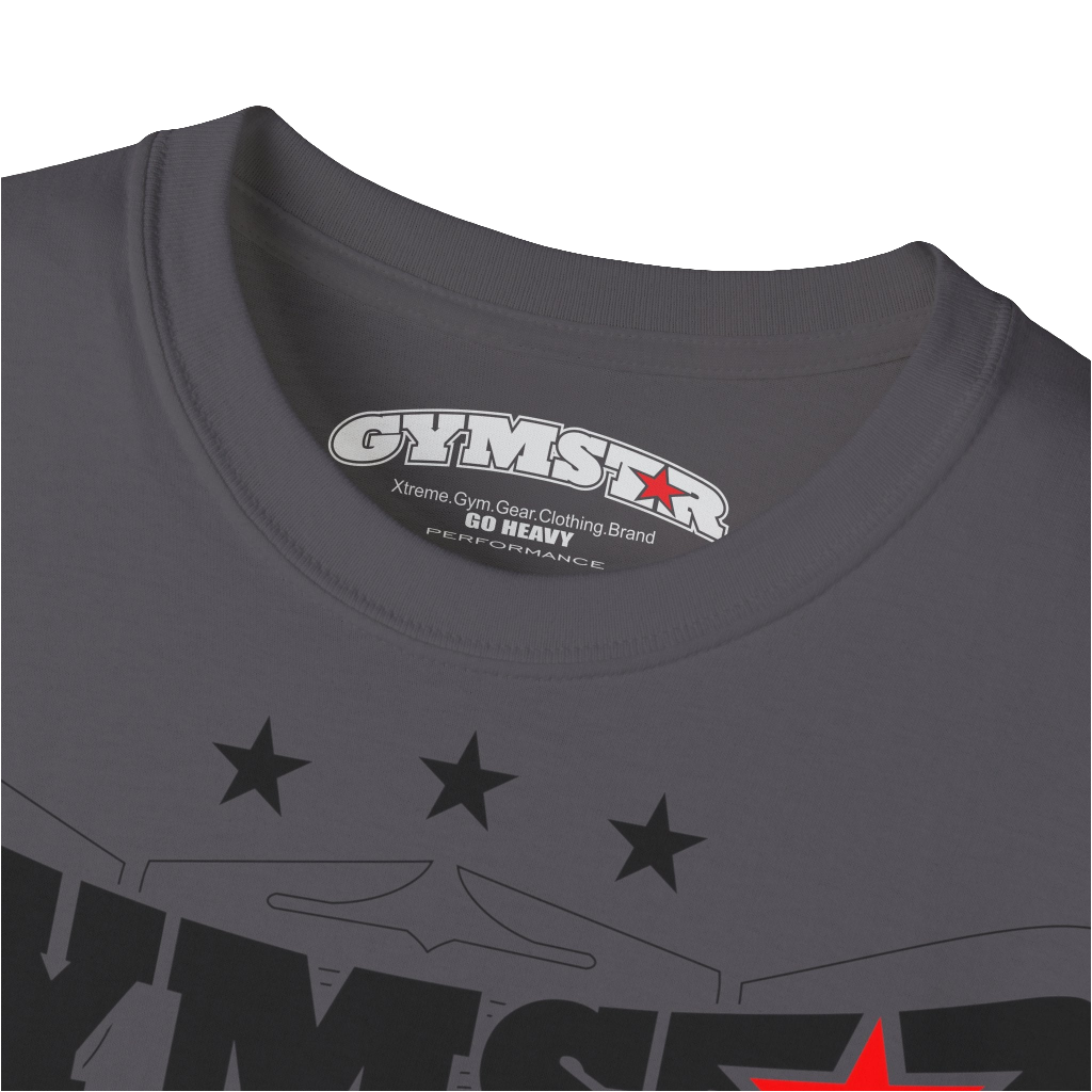 A sport grey Gymstar t-shirt with the text 'I WANT YOU' printed on the front, along with graphics of a weightlifter and dumbbells. Close up view.