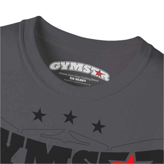 A sport grey Gymstar t-shirt with the text 'I WANT YOU' printed on the front, along with graphics of a weightlifter and dumbbells. Close up view.