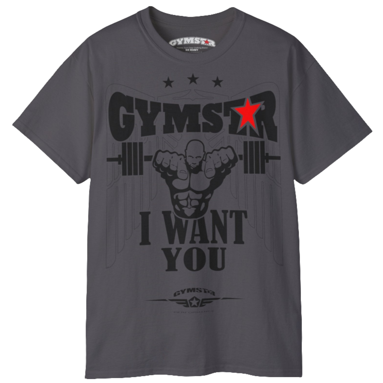 A sport sport grey Gymstar t-shirt with the text 'I WANT YOU' printed on the front, along with graphics of a weightlifter and dumbbells. Front view.