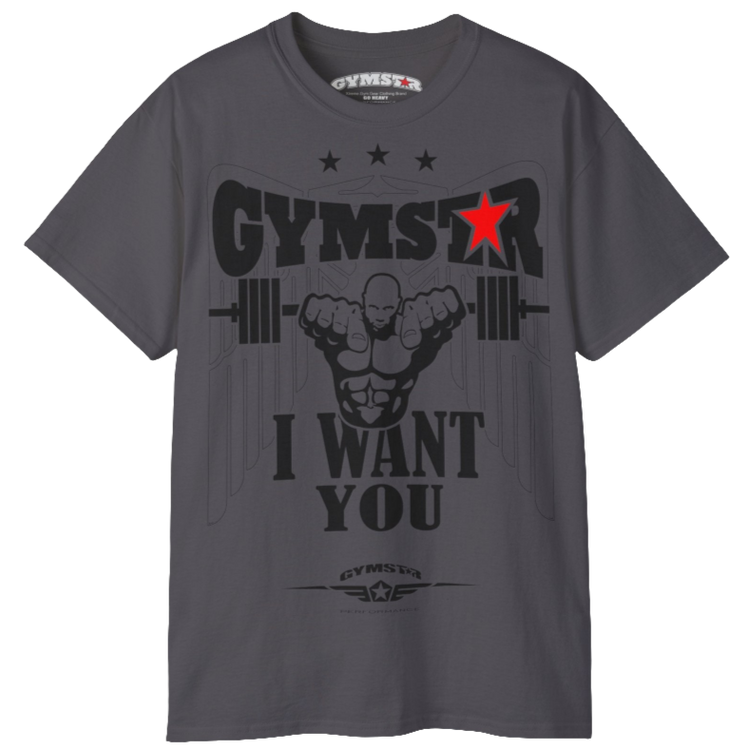 A sport sport grey Gymstar t-shirt with the text 'I WANT YOU' printed on the front, along with graphics of a weightlifter and dumbbells. Front view.
