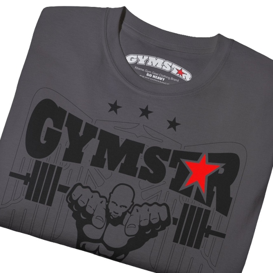 A sport grey Gymstar t-shirt with the text 'I WANT YOU' printed on the front, along with graphics of a weightlifter and dumbbells. Front close up view.