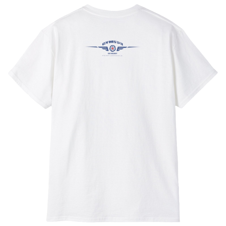 A white Gymstar t-shirt with the text 'I WANT YOU' printed on the front, along with graphics of a weightlifter and dumbbells. Rear view.