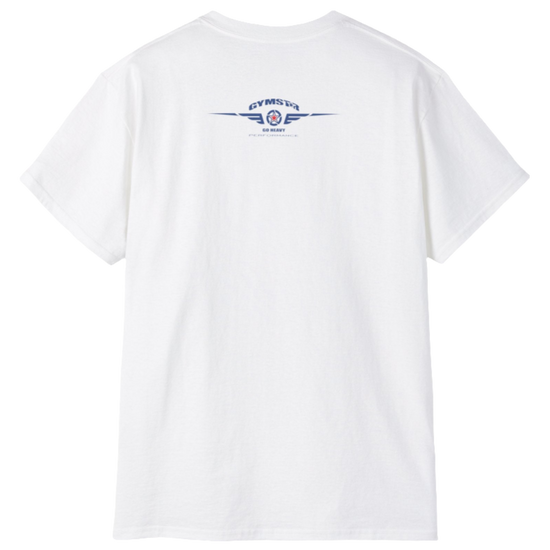 A white Gymstar t-shirt with the text 'I WANT YOU' printed on the front, along with graphics of a weightlifter and dumbbells. Rear view.