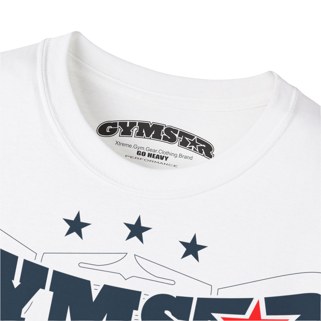 A white Gymstar t-shirt with the text 'I WANT YOU' printed on the front, along with graphics of a weightlifter and dumbbells. Close up view.