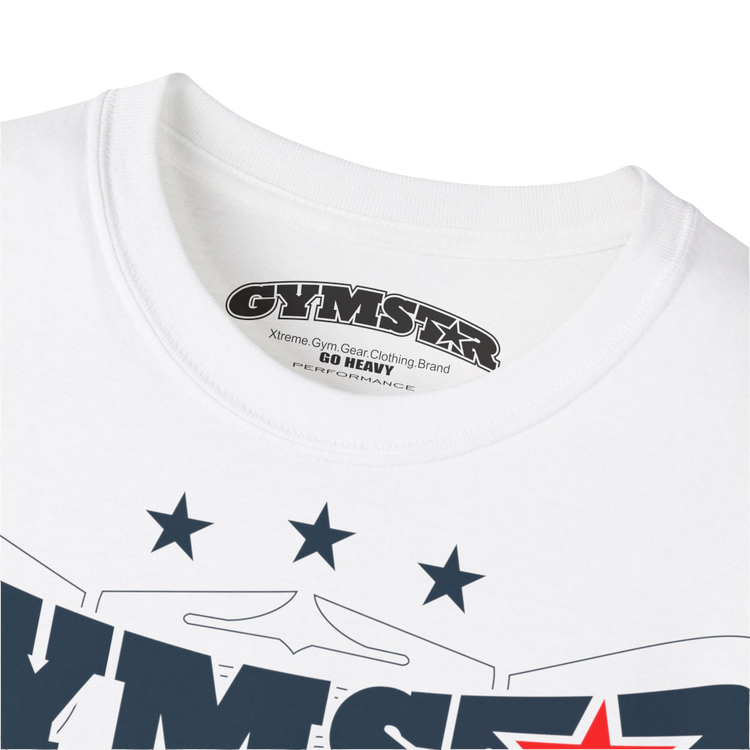 A white Gymstar t-shirt with the text 'I WANT YOU' printed on the front, along with graphics of a weightlifter and dumbbells. Close up view.