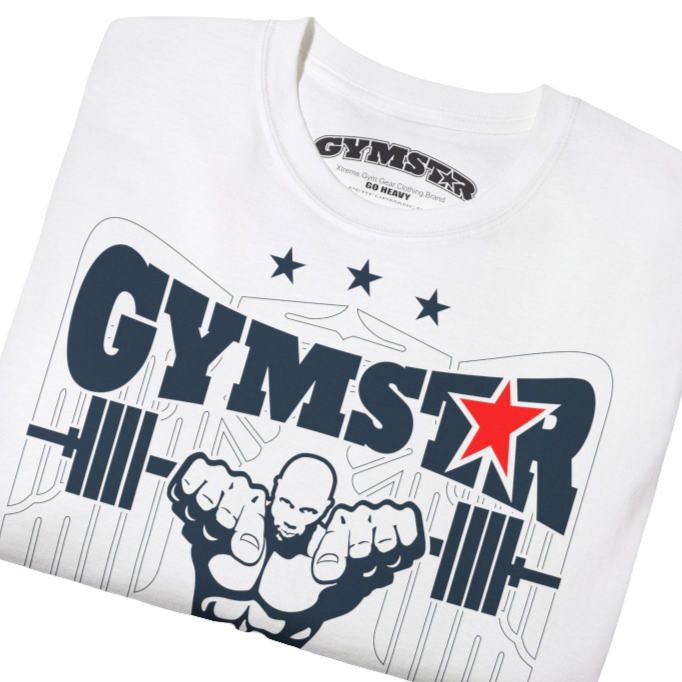 A white Gymstar t-shirt with the text 'I WANT YOU' printed on the front, along with graphics of a weightlifter and dumbbells. Close up front view.