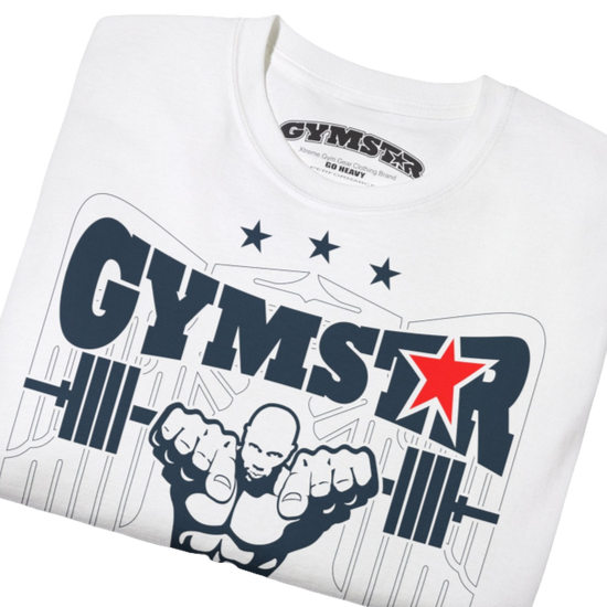 A white Gymstar t-shirt with the text 'I WANT YOU' printed on the front, along with graphics of a weightlifter and dumbbells. Close up front view.
