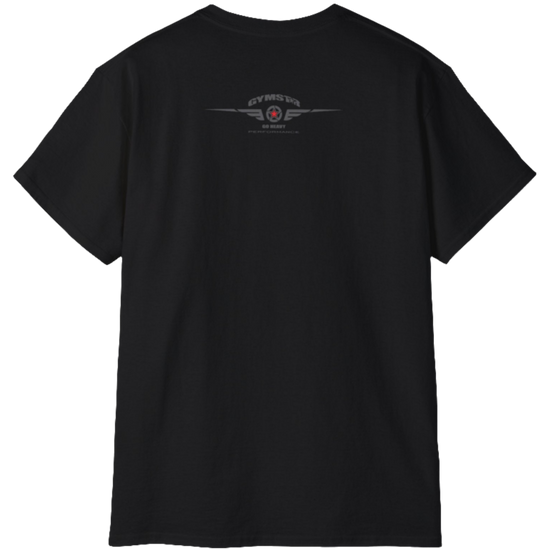 A  black  molon labe, gymstar training, fitness t-shirt. Rare logo close up view.