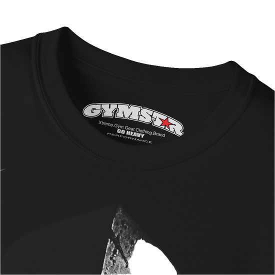 A  black  molon labe, gymstar training, fitness t-shirt. Front logo close up view.