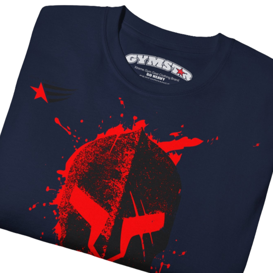 A  navy blue  molon labe, gymstar training, fitness t-shirt. Front  close up view.
