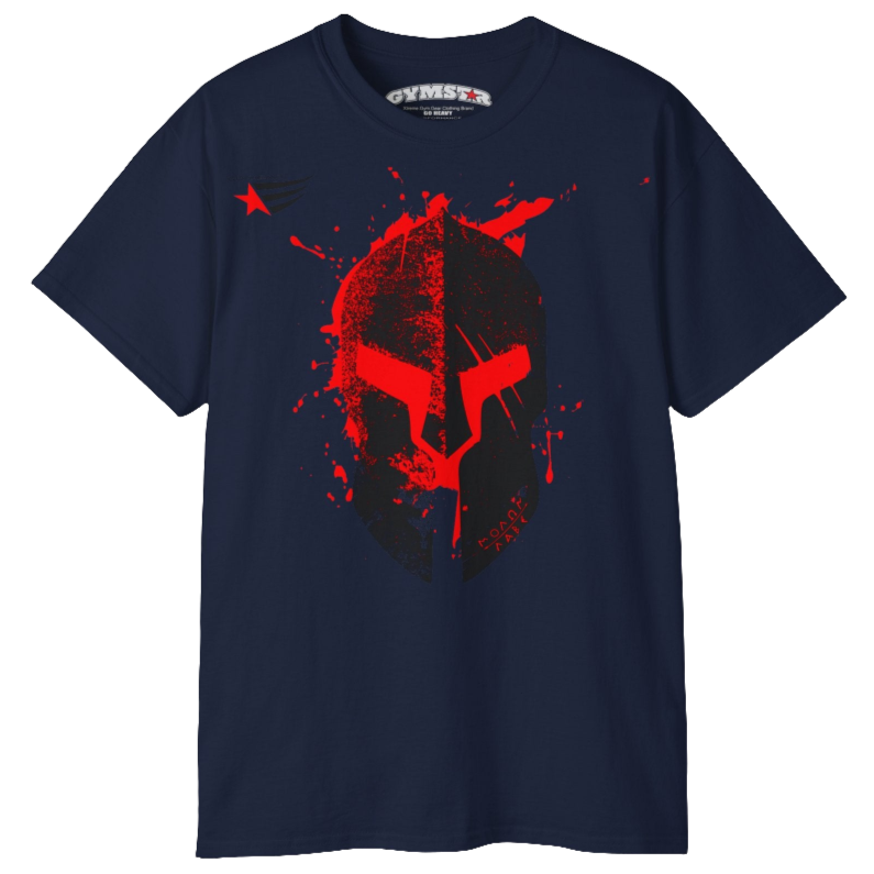 A navy blue  molon labe, gymstar training, fitness t-shirt. Front view.