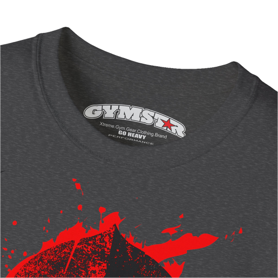A  grey  molon labe, gymstar training, fitness t-shirt. Front close up view.
