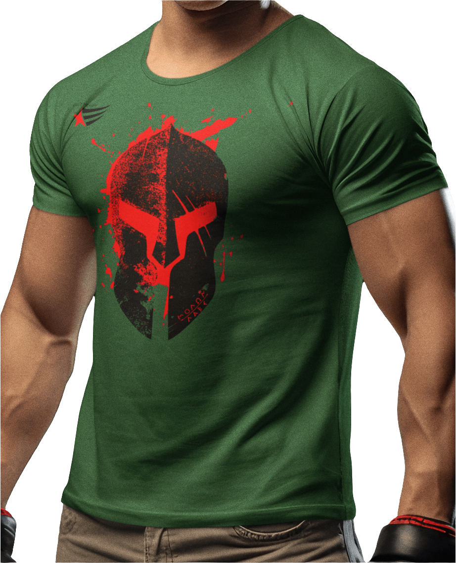 A person wearing a green Gymstar t-shirt with a graphic print Molon Lave in the center, designed for fitness and sports.