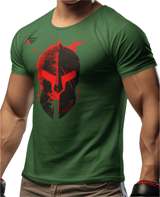 A person wearing a green Gymstar t-shirt with a graphic print Molon Lave in the center, designed for fitness and sports.