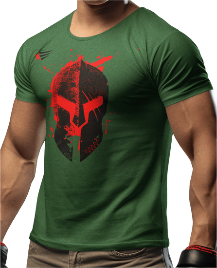 A person wearing a green Gymstar t-shirt with a graphic print Molon Lave in the center, designed for fitness and sports.