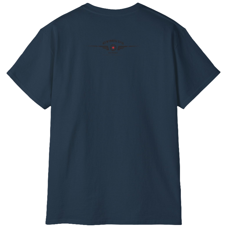 A deep navy  molon labe, gymstar training, fitness t-shirt. Rare logo close up view.