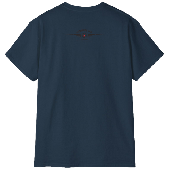 A deep navy  molon labe, gymstar training, fitness t-shirt. Rare logo close up view.