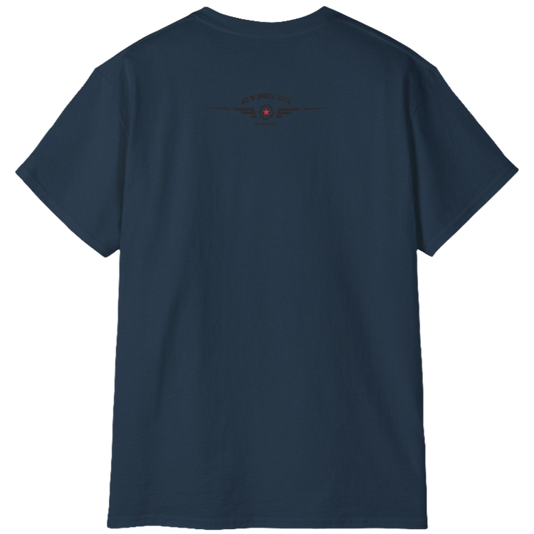 A deep navy  molon labe, gymstar training, fitness t-shirt. Rare logo close up view.