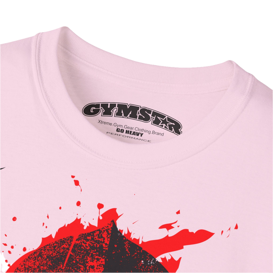 A pink  molon labe, gymstar training, fitness t-shirt. Front  close up view.
