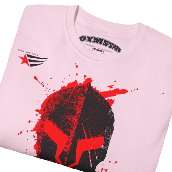 A pink  molon labe, gymstar training, fitness t-shirt. Close up view.