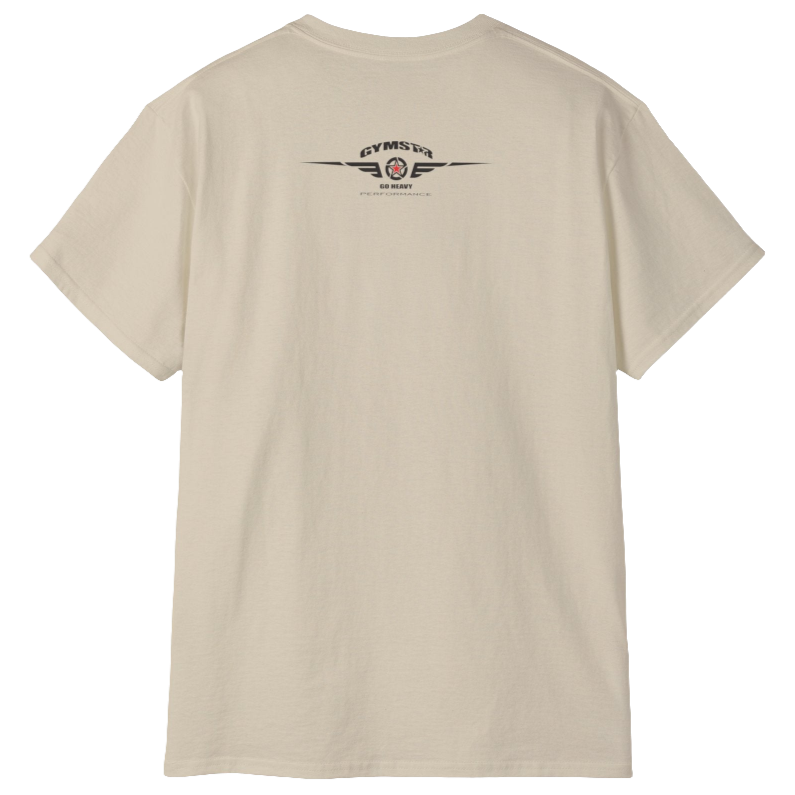 A  beige  molon labe, gymstar training, fitness t-shirt. Rare logo  view.