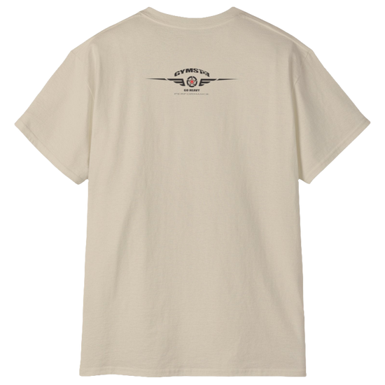 A  beige  molon labe, gymstar training, fitness t-shirt. Rare logo  view.