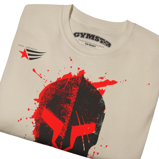 A  beige  molon labe, gymstar training, fitness t-shirt. Front  close up view.