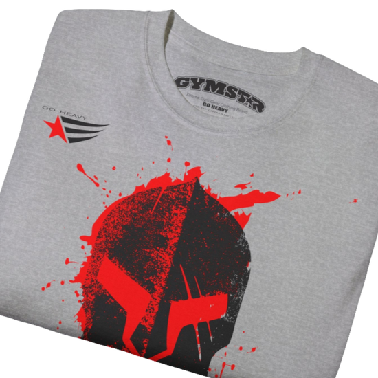 A  grey  molon labe, gymstar training, fitness t-shirt. Front  close up view.