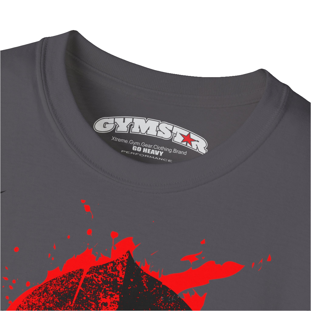 A sport grey  molon labe, gymstar training, fitness t-shirt. Front logo close up view.