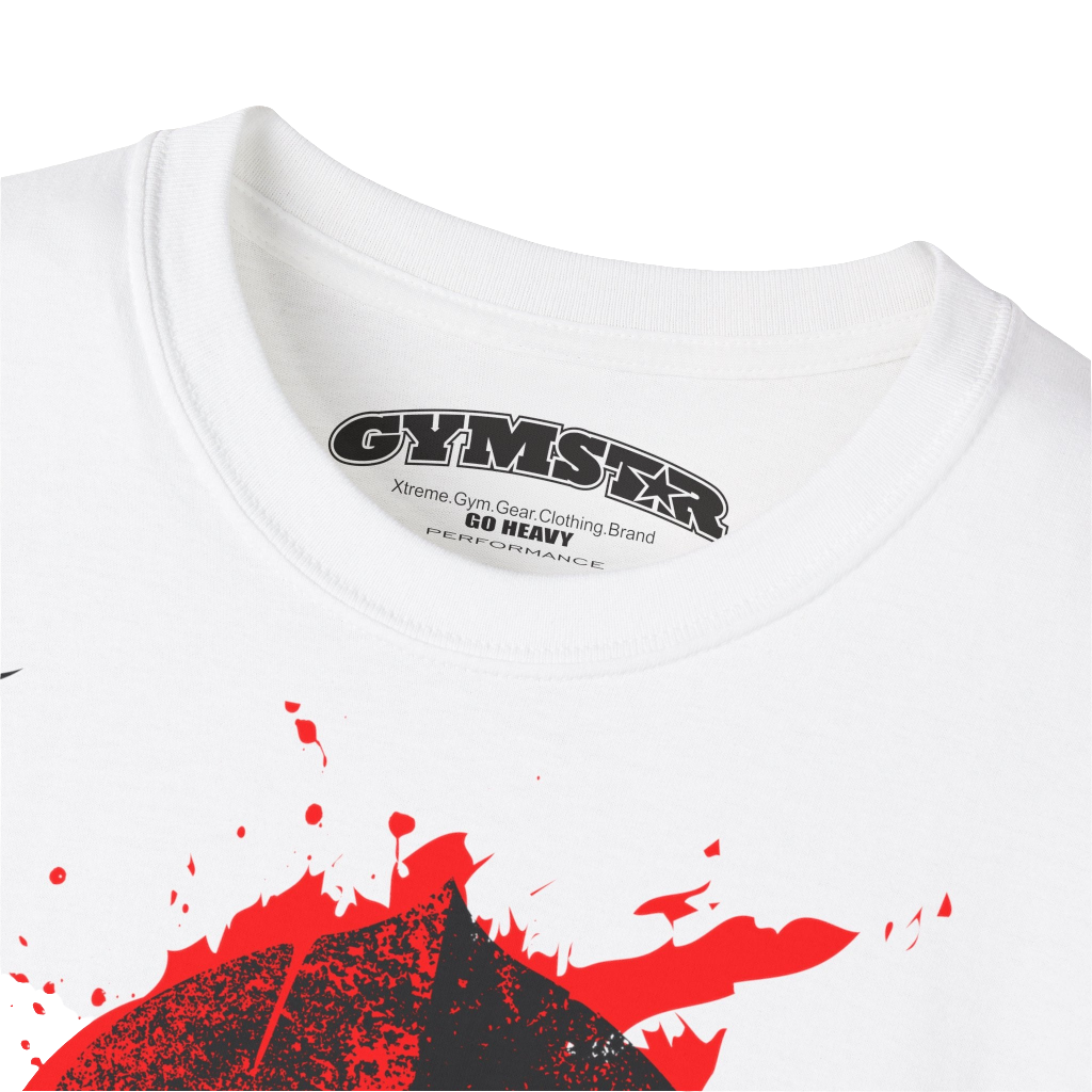 A  white  molon labe, gymstar training, fitness t-shirt. Front logo close up view.
