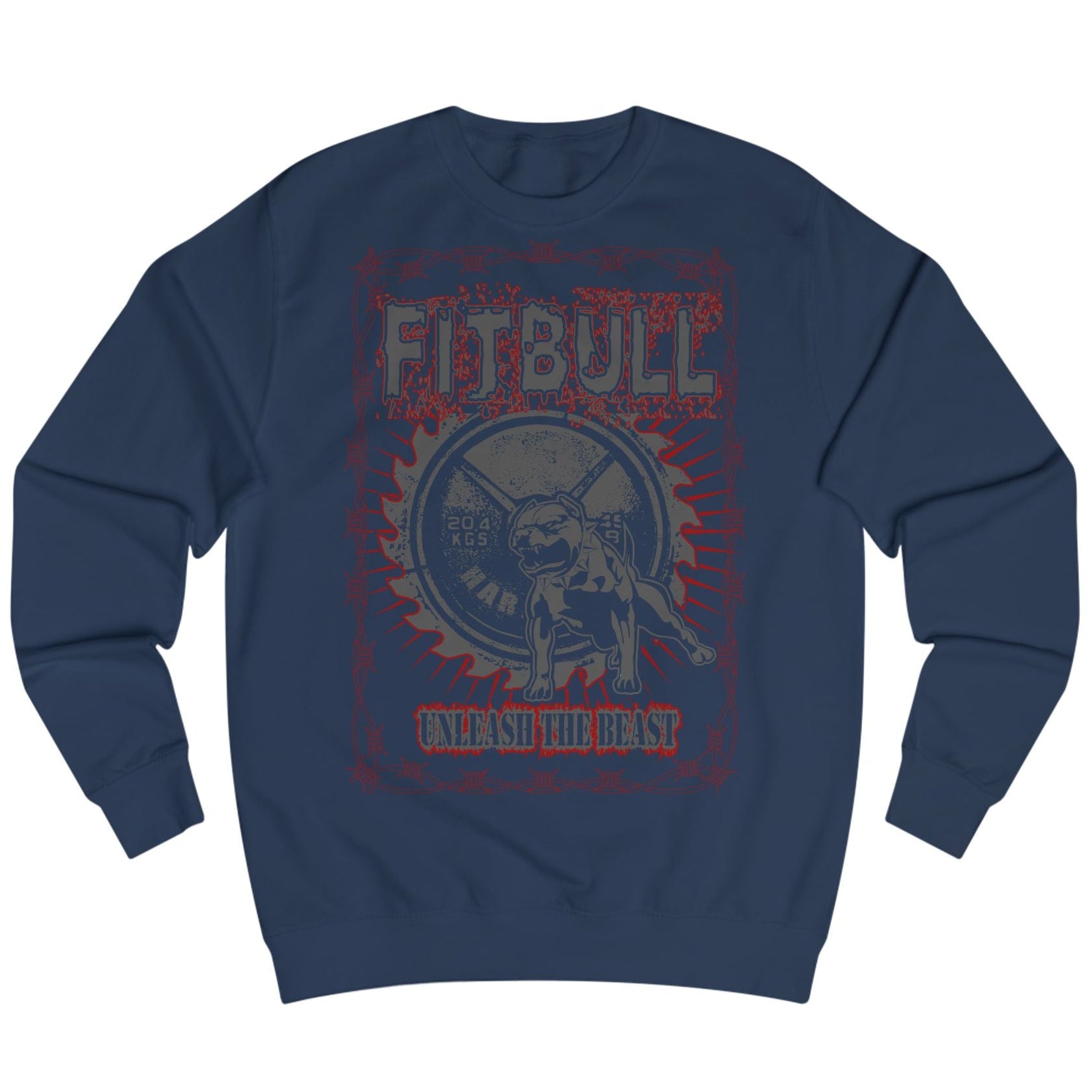 Navy blue sweatshirt Fitbull with a motivational sports brand and design graphic on the front.