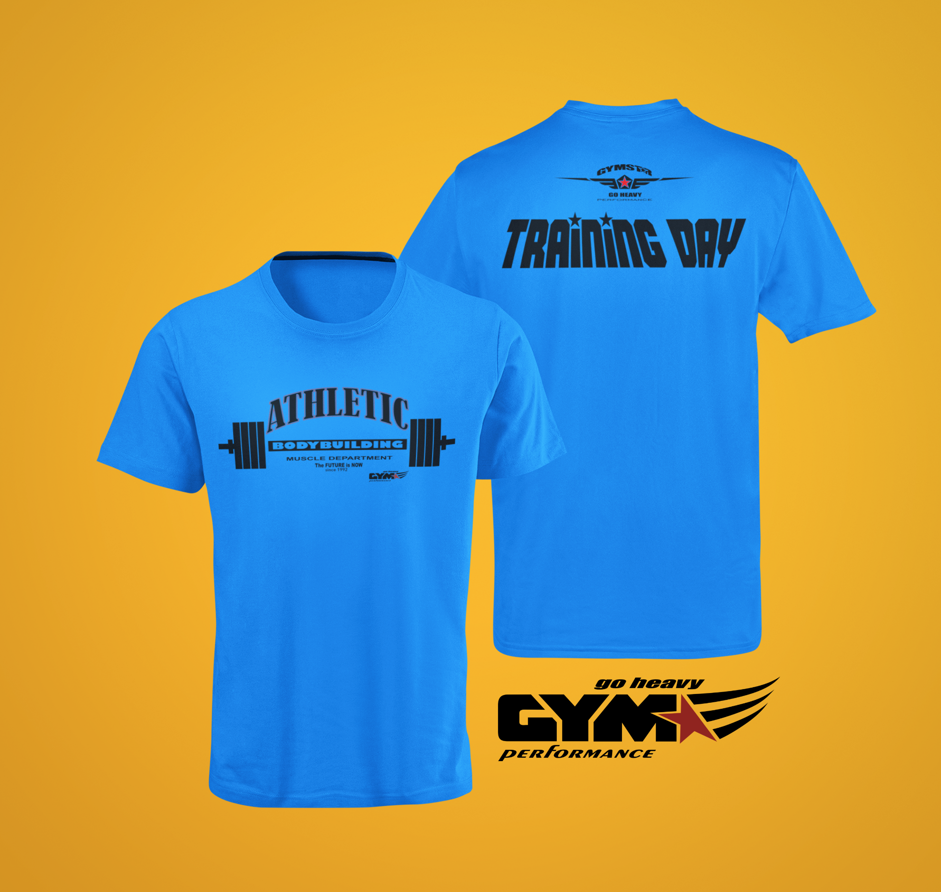 Blue athletic T-shirt with black text and graphic on the front reading "ATHLETIC BODYBUILDING MUSCLE DEPARTMENT," featuring a barbell illustration; on the back, bold black text says "TRAINING DAY" with a smaller "GYMSTAR GO HEAVY PERFORMANCE" logo above.